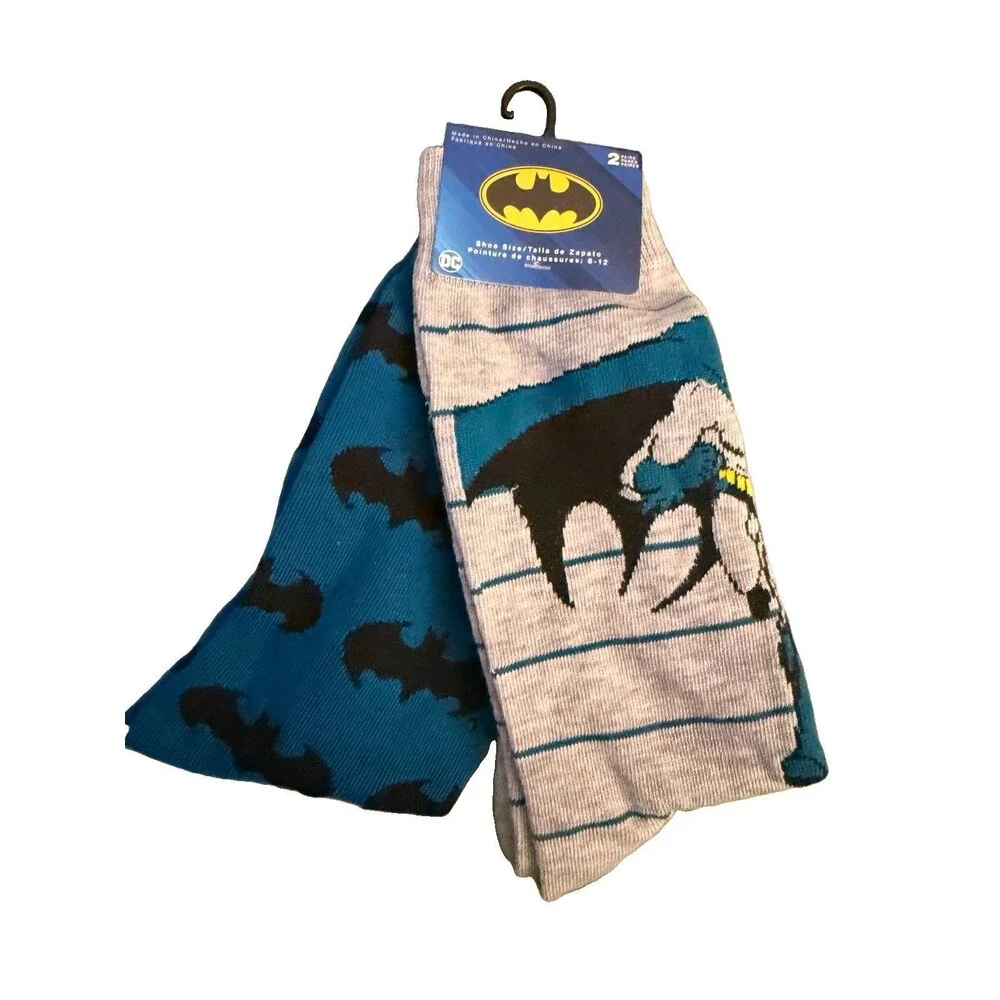 Batman Socks 2 Pair Long Socks Mens Shoe Size 6-12 Blue Gray Superhero New